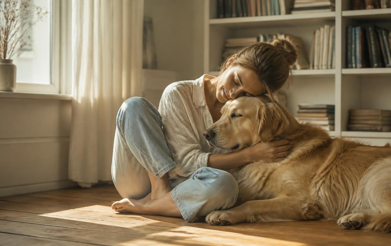 A person resting quietly beside a dog in warm afternoon light